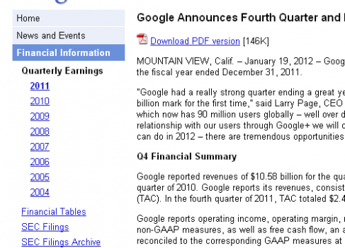 Google опубликовала финансовые результаты за Q4 2011
