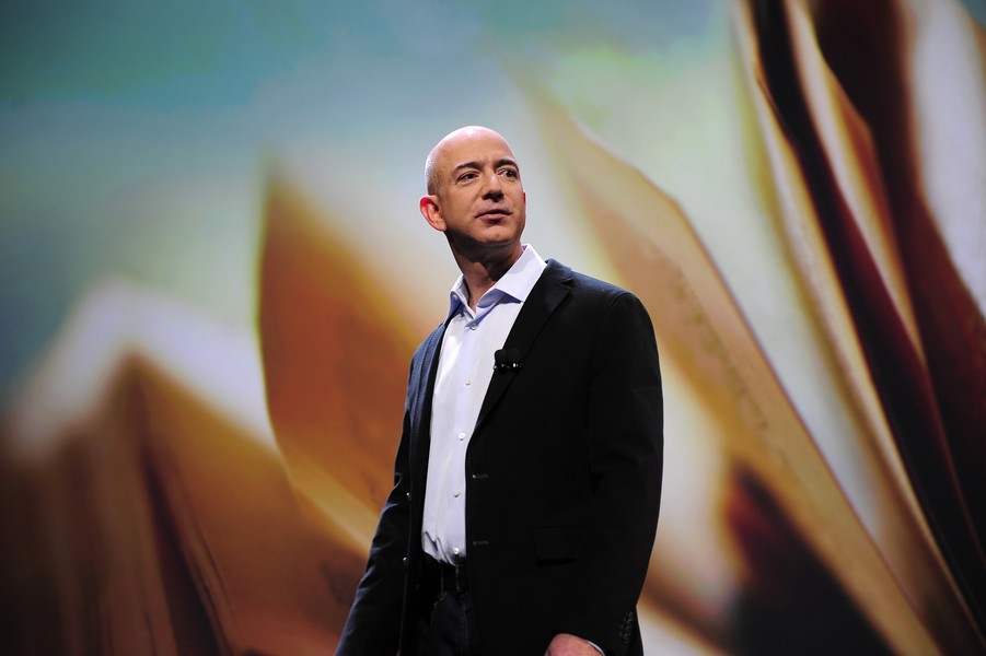 Amazon CEO Jeff Bezos addresses a press